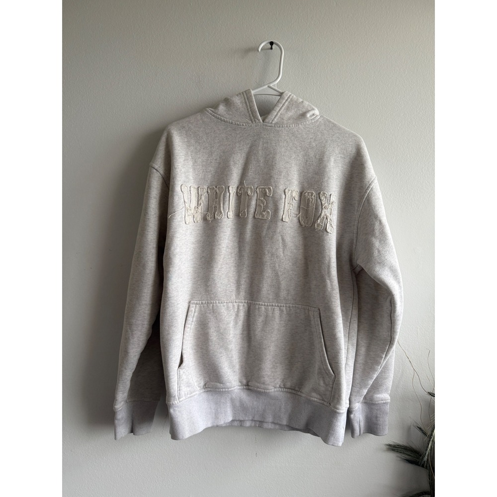 White Fox Oatmeal Heather Frayed Logo Fleece Pullover Hoodie XS/S Womens